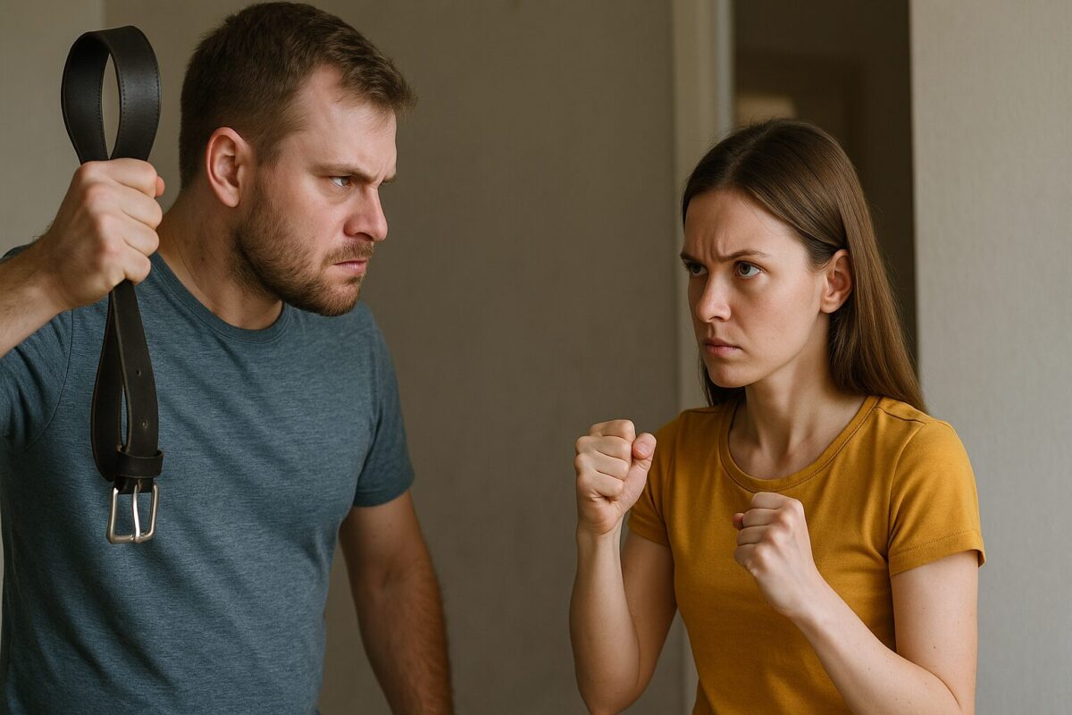Мужчина с ремнём в руке угрожающе смотрит на женщину, которая в боевой стойке с сжатыми кулаками готова к защите, сцена происходит в обычной квартире, напряжение в воздухе ощутимо.
