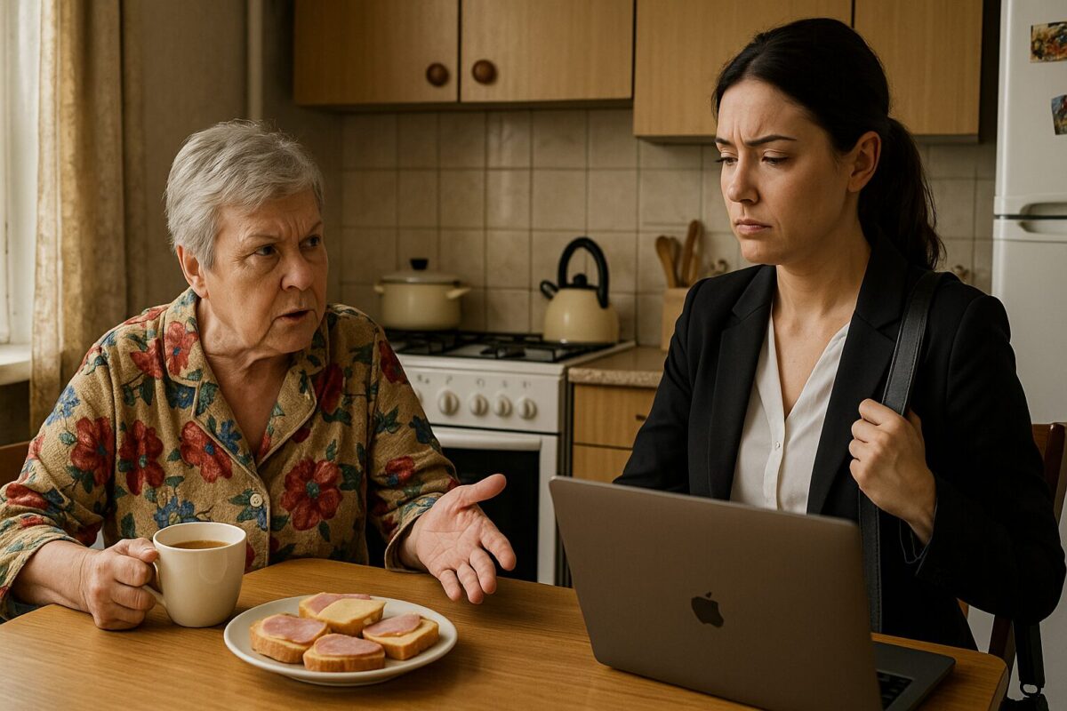 Пожилая женщина в халате с цветочным узором сидит на кухне с чашкой чая и уговаривает взрослую дочь в деловом костюме, которая устало слушает её за столом с ноутбуком и тарелкой бутербродов.