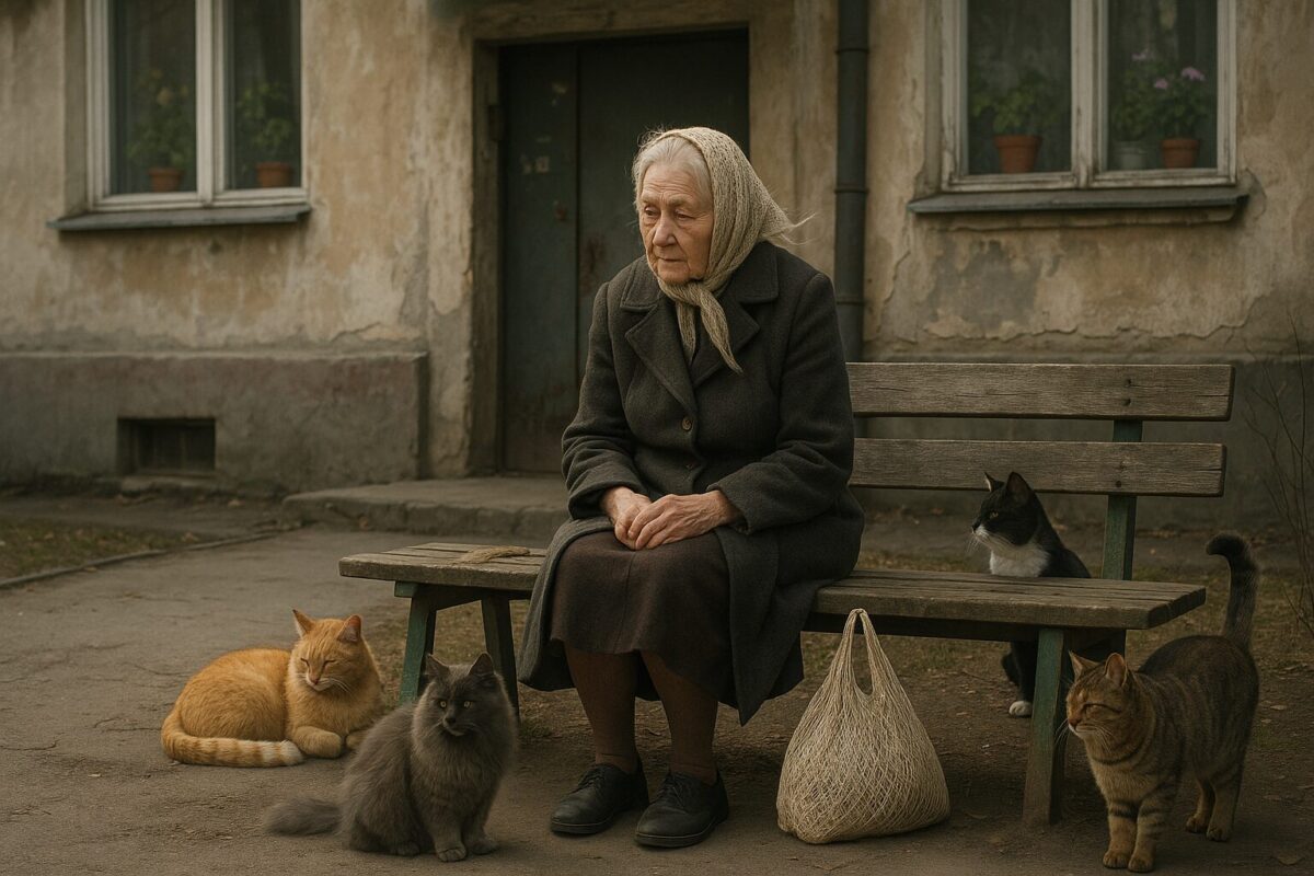 Пожилая женщина в тёмном пальто и вязаном платке сидит на скамейке у подъезда старого дома, рядом с ней — несколько спокойных кошек разных мастей. У её ног — авоська. Весенняя, немного грустная атмосфера.