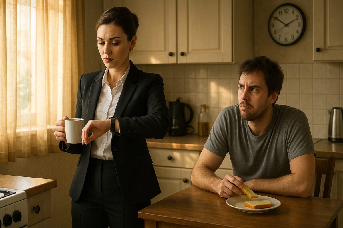 Утро на кухне. Женщина в деловом костюме с чашкой кофе проверяет время на часах, стоя у плиты. Мужчина в домашней одежде сидит за столом с бутербродом, глядя на неё с недовольством. Атмосфера — бытовая с намёком на напряжение. Спросить ChatGPT
