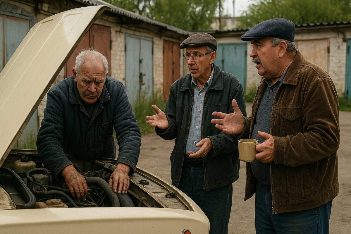 Трое пожилых мужчин на фоне старых гаражей обсуждают мотор «Жигулей» с открытым капотом; один работает с сосредоточенным видом, двое других жестикулируют, один держит кружку. Атмосфера тёплая и ироничная.