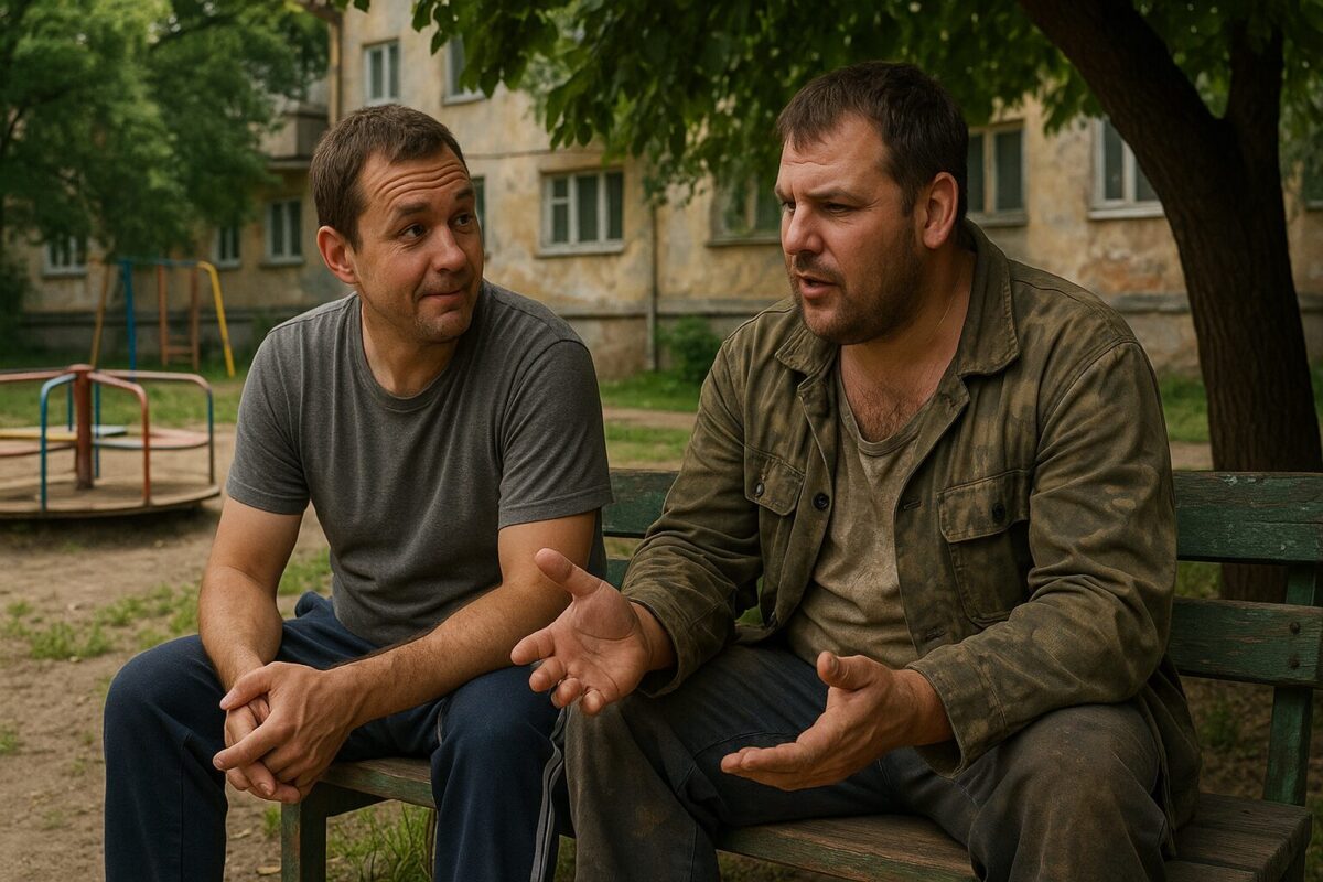 Два мужчины средних лет сидят на старой деревянной скамейке под деревом во дворе советской многоэтажки. Один из них, в рабочей одежде, рассказывает что-то с увлечением, жестикулируя руками. Второй, в спортивных штанах и футболке, слушает с лёгкой усмешкой. На заднем плане — старая карусель, облупленные стены дома, пыльная земля — типичный летний двор.