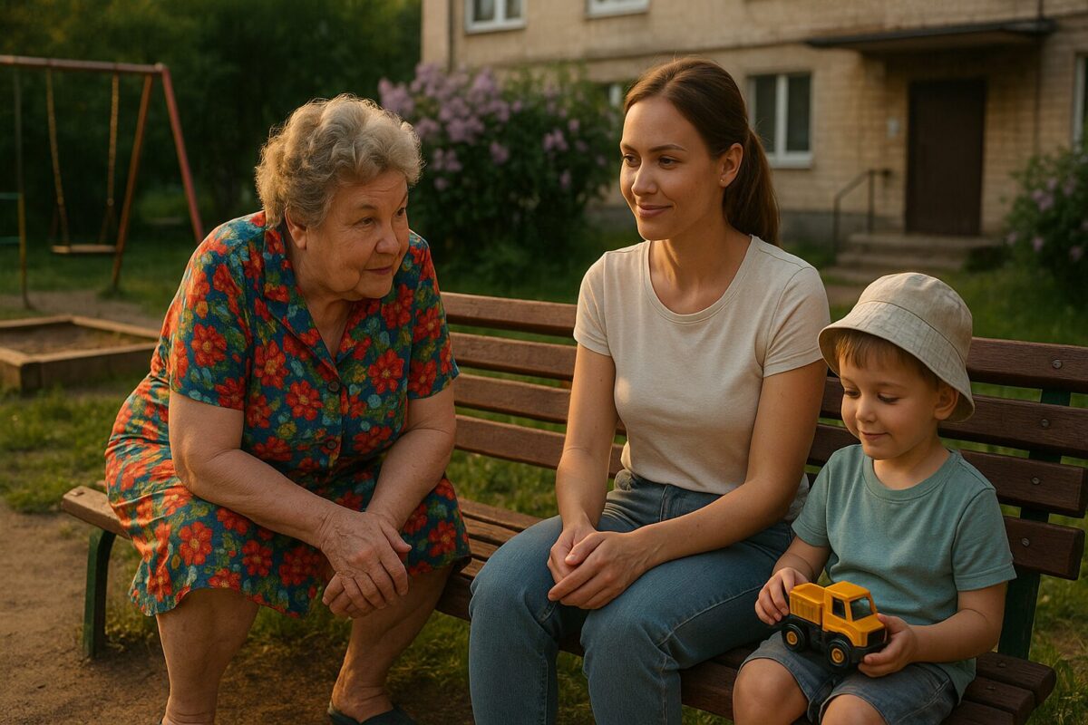 На скамейке у подъезда многоэтажки пожилая женщина в ярком халате наклонилась вперёд, беседуя с молодой мамой в светлой футболке и джинсах. Рядом мальчик в панамке играет с игрушечной машинкой. Позади — качели, песочница и кусты сирени на фоне летнего вечера.