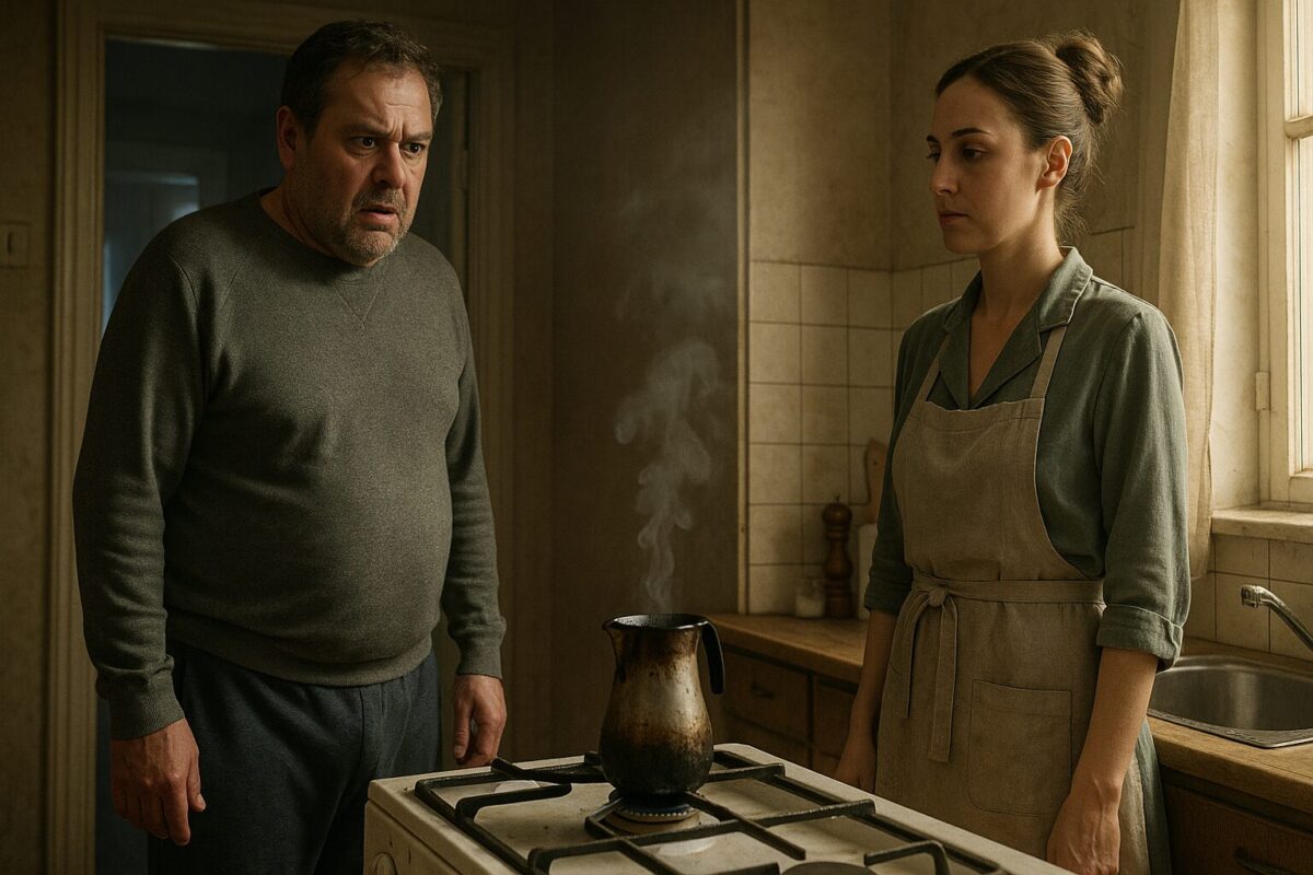 Утро на кухне. Мужчина в домашней одежде с выражением шока смотрит на обугленную кофеварку на плите, из которой идёт дым. Рядом стоит женщина в переднике, спокойная и отстранённая. Сцена освещена мягким утренним светом.