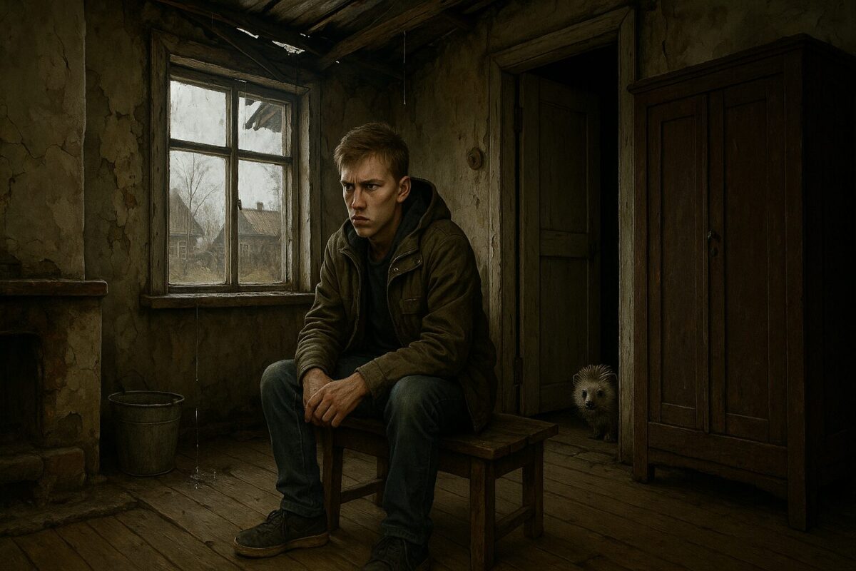 Подросток в старой деревенской комнате сидит на лавке с хмурым выражением лица. Сквозь потёки на стенах видно, что крыша протекает.