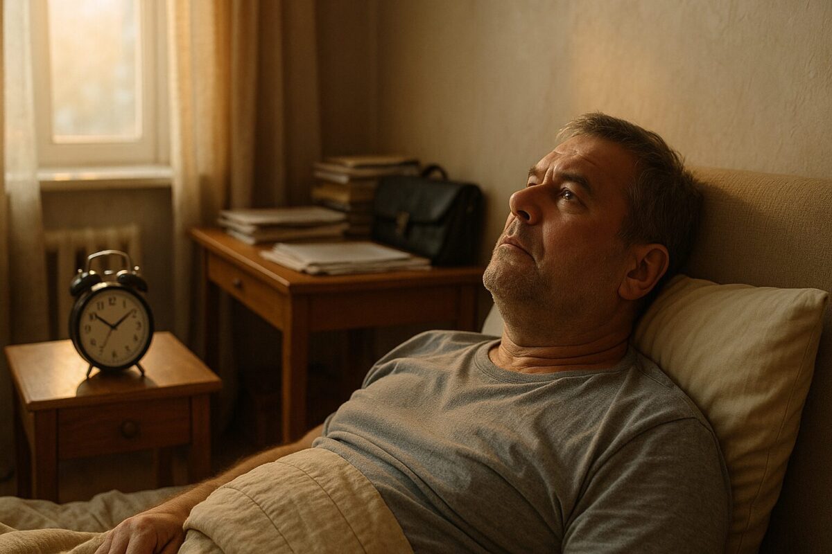 Семён Палыч лежит на кровати в утренней спальне, глядя в потолок с усталым, но решительным выражением лица; в комнате мягкий рассветный свет, рядом будильник показывает 07:00, на столе — стопка документов и рабочая сумка.