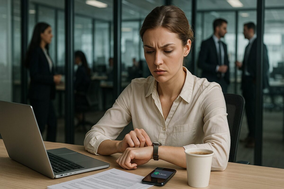 Молодая женщина в офисе сидит за рабочим столом, нахмуренно смотрит на наручные часы. Перед ней — ноутбук, документы, чашка кофе и телефон с уведомлением. За стеклянной перегородкой снуют деловые коллеги.