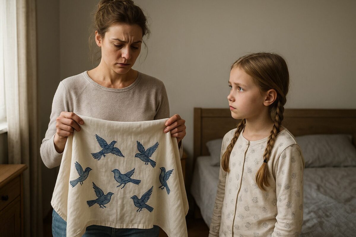 Мать с усталым лицом держит в руках льняную скатерть с вышивкой синих птиц, а её маленькая дочь в пижаме с двумя косичками серьёзно смотрит на неё.