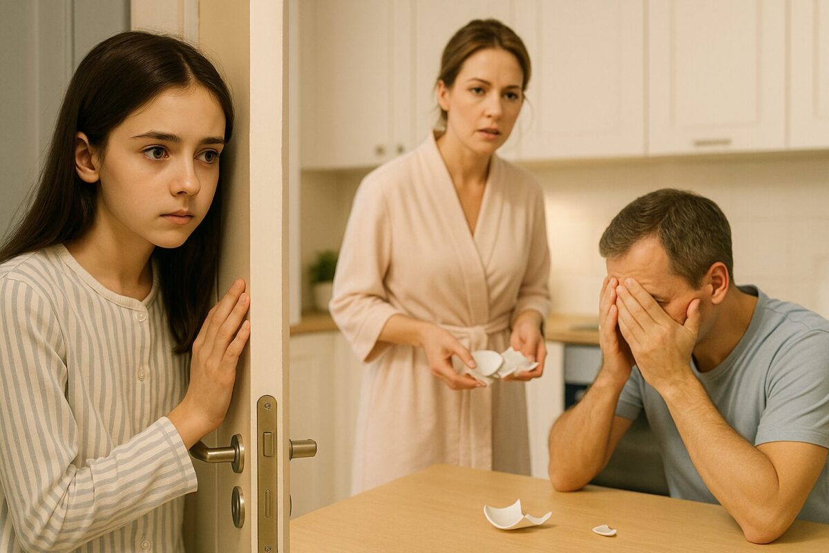 Девочка лет двенадцати в пижаме с тонкими полосками испуганно подслушивает за дверью светлой кухни, где мама с осколками кружки в руках смотрит на отца, сидящего за столом с закрытым лицом.