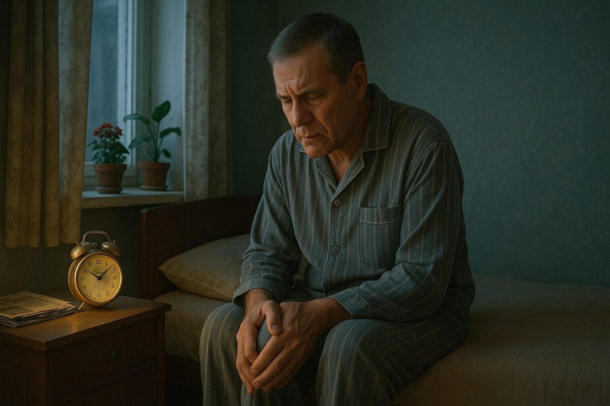 Мужчина примерно 63 лет в пижаме сидит на краю кровати в советской комнате, держась за колено, снаружи пробивается утренний свет через приоткрытую форточку; на тумбочке — старый будильник и стопка газет.