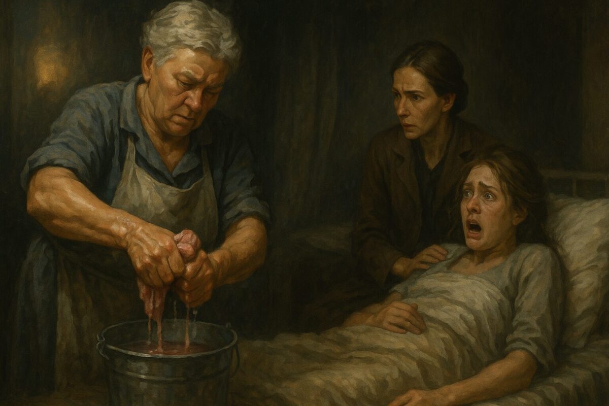 пожилая санитарка с короткой сединой, крепкого телосложения, в рабочем халате и фартуке, выжимает в ведро тряпку, по её жилистым рукам стекает розовая вода. На заднем плане — молодая девушка с растрёпанными волосами лежит на кровати, лицо бледное, губы сжаты, в глазах испуг и боль; рядом с ней сидит мать с тонкими чертами лица и аккуратно убранными волосами, она напряжённо пытается её успокоить.