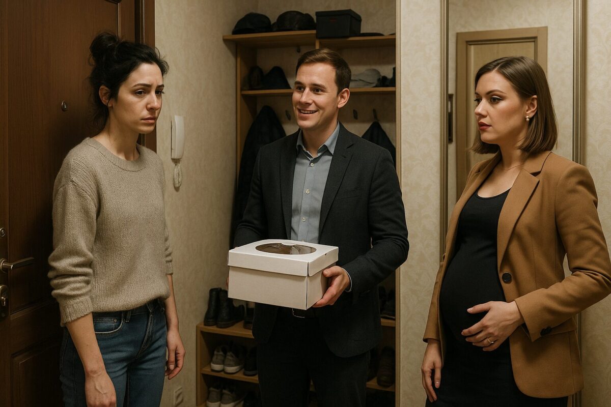 В прихожей московской квартиры — три человека: уставшая хрупкая женщина (Марина, 30 лет) в светлом свитере и джинсах с небрежным пучком, мужчина (Игорь, 35 лет) с коробкой торта, опрятно одетый и улыбающийся с лёгкой натяжкой, и модная молодая женщина (Аня, 28 лет) с ярким макияжем и рукой на округлившемся животе, которая осматривает интерьер с критичным видом. Атмосфера — натянутая, тревожная, все стоят в напряжённой позе у двери.