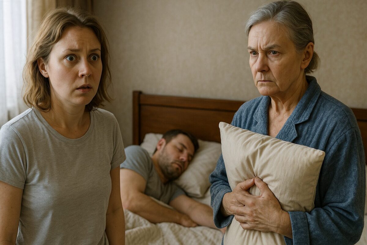 Молодая женщина в футболке с тревожным и удивлённым выражением лица стоит у кровати. Рядом пожилая женщина с резкими чертами лица и седеющими волосами в халате держит подушку у груди, взгляд собственнический и строгий. На кровати на заднем плане спит мужчина, выглядит уставшим и равнодушным. Атмосфера напряжённая, ощущение абсурда и вторжения в личное пространство.