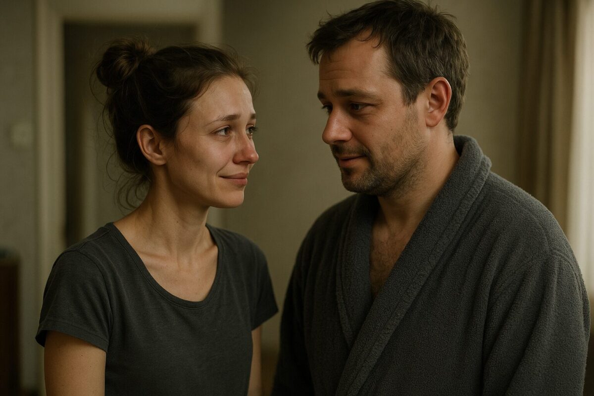 Молодая женщина с уставшим лицом и собранными в небрежный пучок волосами смотрит на мужчину среднего телосложения в домашнем халате. В их взглядах читаются усталость и тихая радость, атмосфера наполнена надеждой и ожиданием перемен.