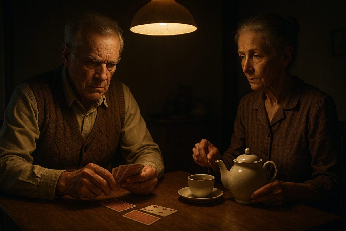 Пожилой мужчина в вязаном жилете и рубашке сосредоточенно играет в карты за столом, освещённым лампой. Рядом худощавая женщина с собранными в пучок седыми волосами, в домашнем платье, только что поставила перед ним чашку и держит чайник. В полумраке комнаты — атмосфера тихой тревоги и упрямой надежды, на лицах видна целая прожитая жизнь.