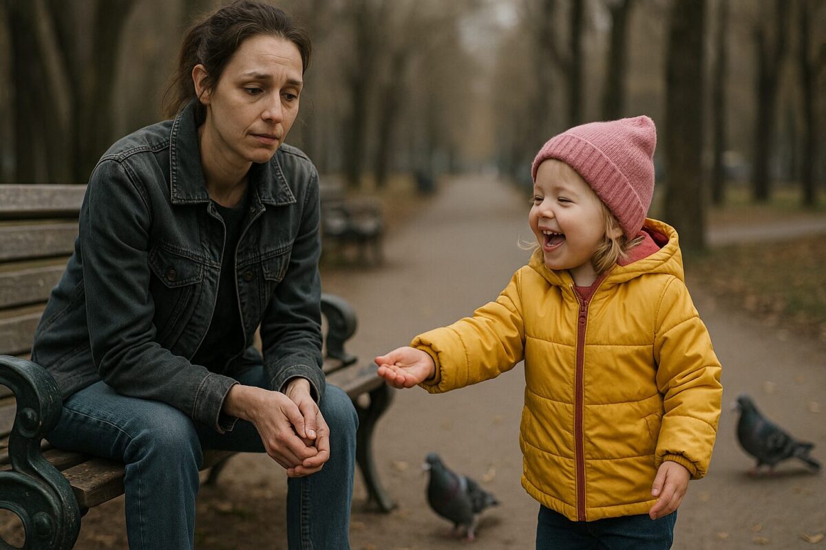 Уставшая женщина в джинсах и куртке сидит на скамейке в парке, с пустым взглядом смотрит на улыбающуюся светловолосую девочку в жёлтой куртке и розовой шапке, которая кормит голубей. На фоне — осенние деревья и пустая аллея. Контраст между радостью ребёнка и апатией матери.