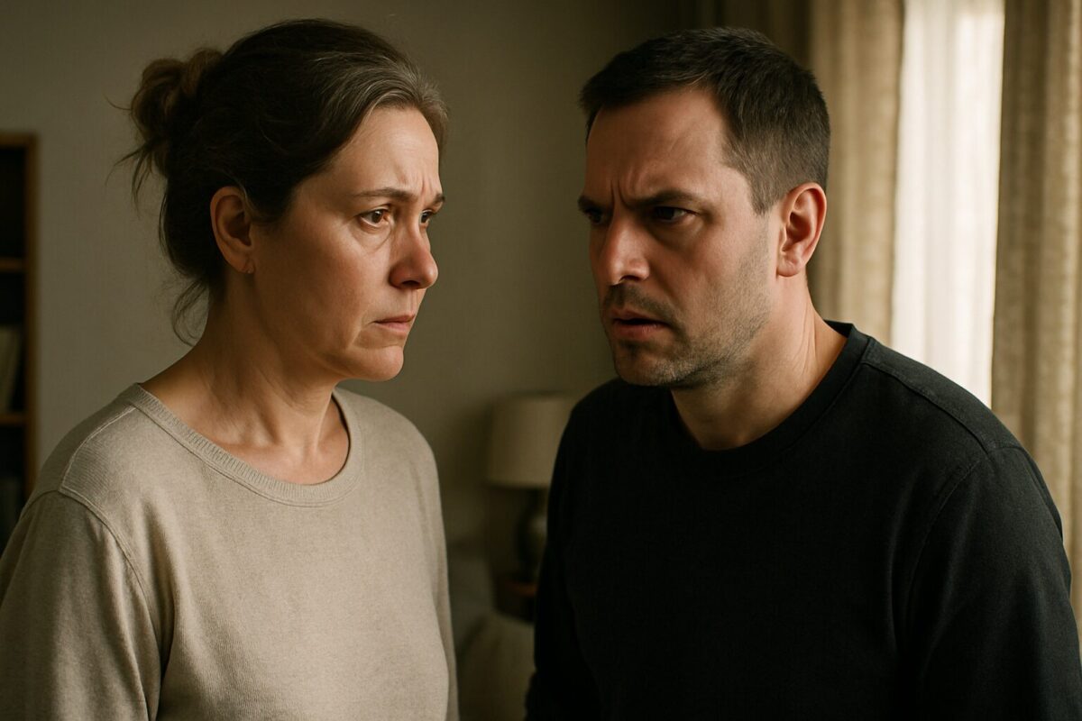 Мужчина и женщина средних лет стоят лицом друг к другу в напряжённой домашней обстановке, с серьёзными выражениями лиц. На заднем плане размытая комната с тёплым дневным светом.