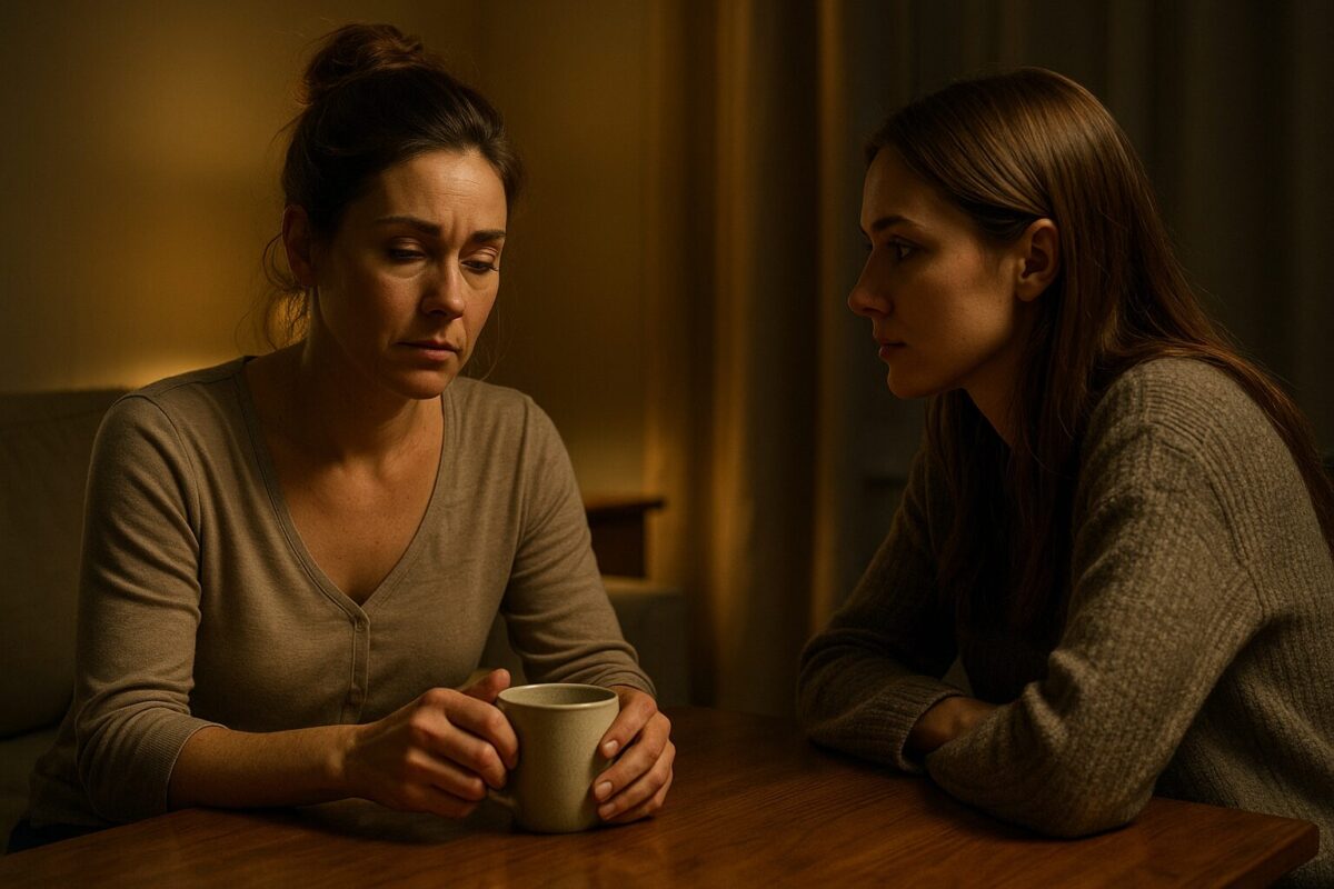 Две женщины сидят за деревянным столом в тёпло освещённой комнате. Женщина слева с усталым выражением лица держит кружку, её волосы собраны в небрежный пучок. Женщина справа внимательно смотрит на неё, наклонившись вперёд. Атмосфера интимная и напряжённая.