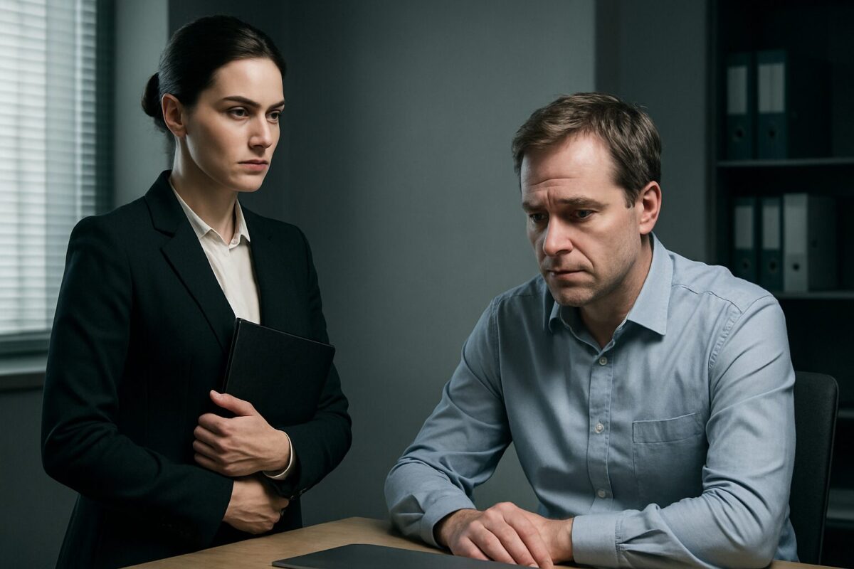 Деловая женщина с папкой стоит у офисного стола, глядя на мужчину с подавленным выражением лица. Атмосфера напряжённая, серьёзная.