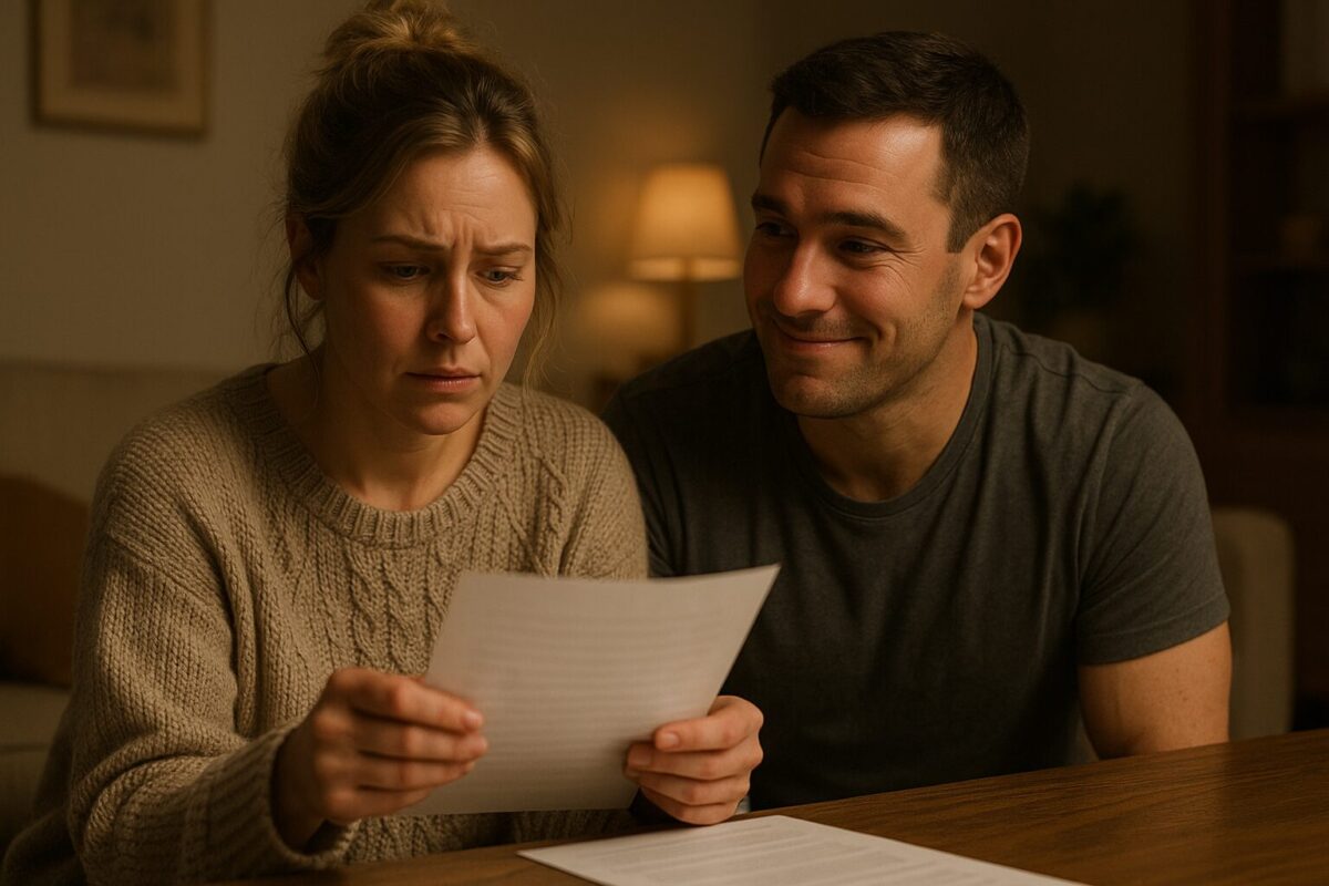 Пара сидит за столом в тёплой домашней обстановке. Женщина в уютном вязаном свитере с тревожным выражением перечитывает документ. Мужчина в футболке смотрит на неё с поддерживающей улыбкой. Приглушённый свет, интимная атмосфера.