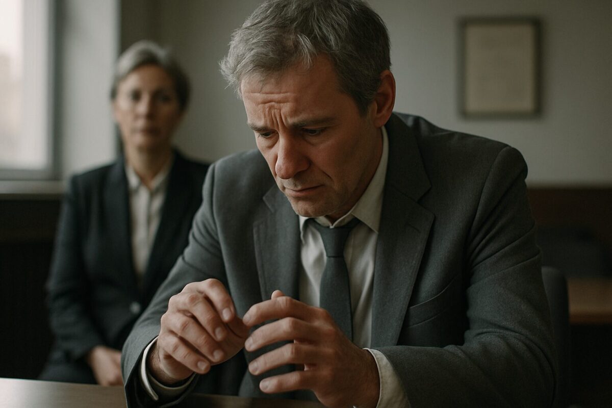 Мужчина 44 лет с седеющими волосами и сутулой осанкой в сером костюме, с дрожащими пальцами, сидит за столом, глядя вниз с тревогой и подавленностью. На фоне — женщина 50+ в строгом костюме с нейтральным выражением лица. Атмосфера напряжённая, ощущение тяжёлого решения.