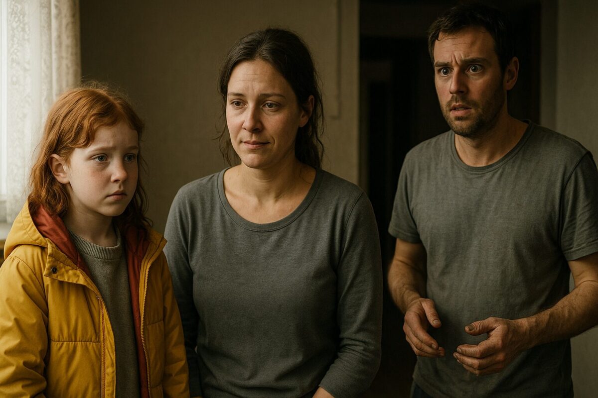 Три человека в комнате: рыжеволосая девочка в жёлтой куртке с нерешительным взглядом, уставшая, но тёплая женщина в серой футболке и удивлённый мужчина с небритым лицом и испачканными руками. Атмосфера напряжённого ожидания и первого контакта.