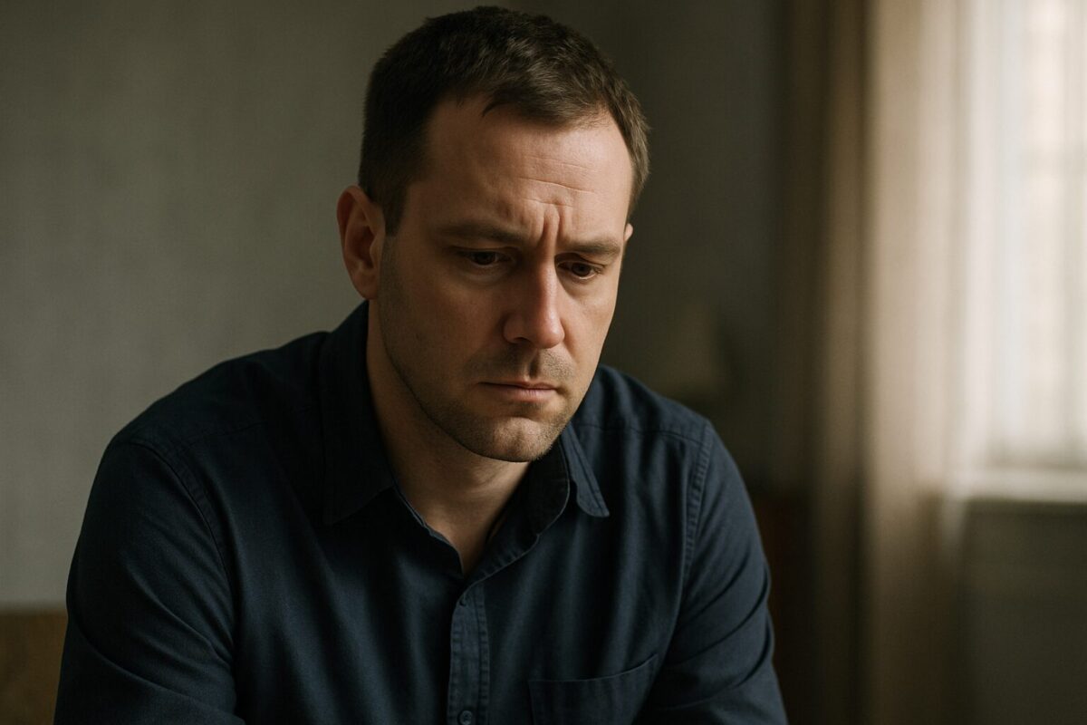 Мужчина 35 лет с короткой стрижкой и напряжённым выражением лица сидит в комнате у окна, на нём тёмная рубашка. Атмосфера сцены — тишина и эмоциональное опустошение, освещение мягкое, естественное.