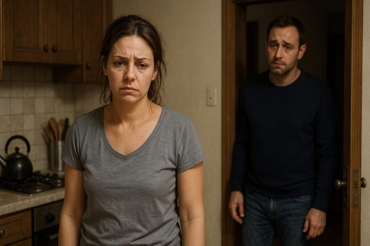 Уставшая женщина в домашней одежде стоит на кухне с хмурым выражением лица; в дверном проёме — мужчина с виноватым взглядом. Атмосфера напряжённая, словно назревает семейный конфликт.