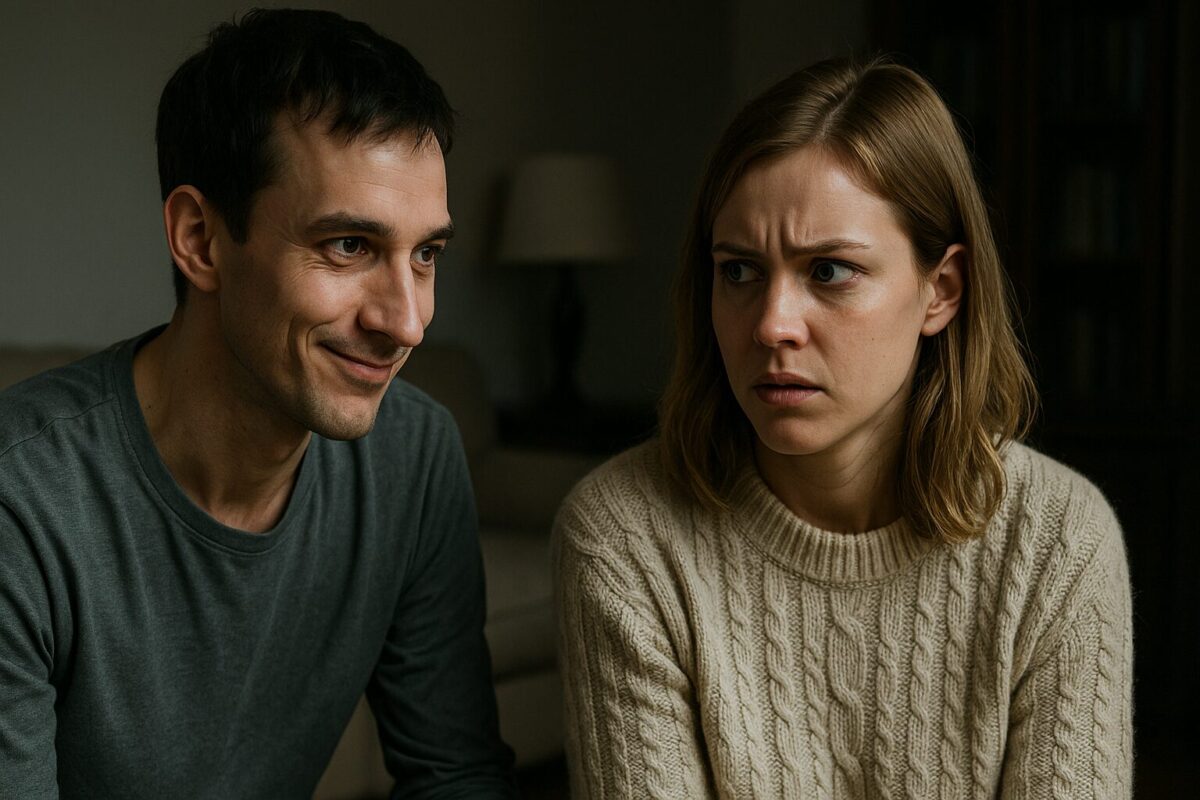 Молодая пара в напряжённом разговоре в гостиной: мужчина с лёгкой насмешкой смотрит на женщину, а она — с тревогой и замешательством в глазах, сцена передаёт скрытый конфликт.