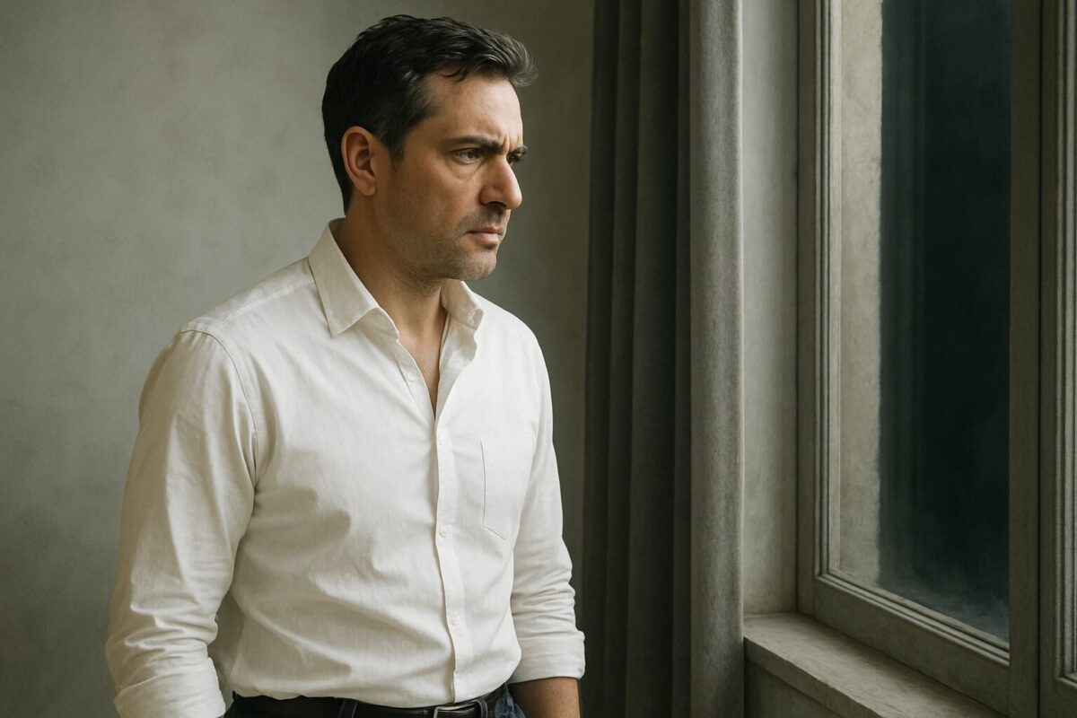 Мужчина средних лет с напряжённым выражением стоит у окна в светлой комнате, глядя в темноту за стеклом. Он в белой рубашке и тёмных брюках, освещение мягкое, подчёркивающее атмосферу тревожного одиночества.