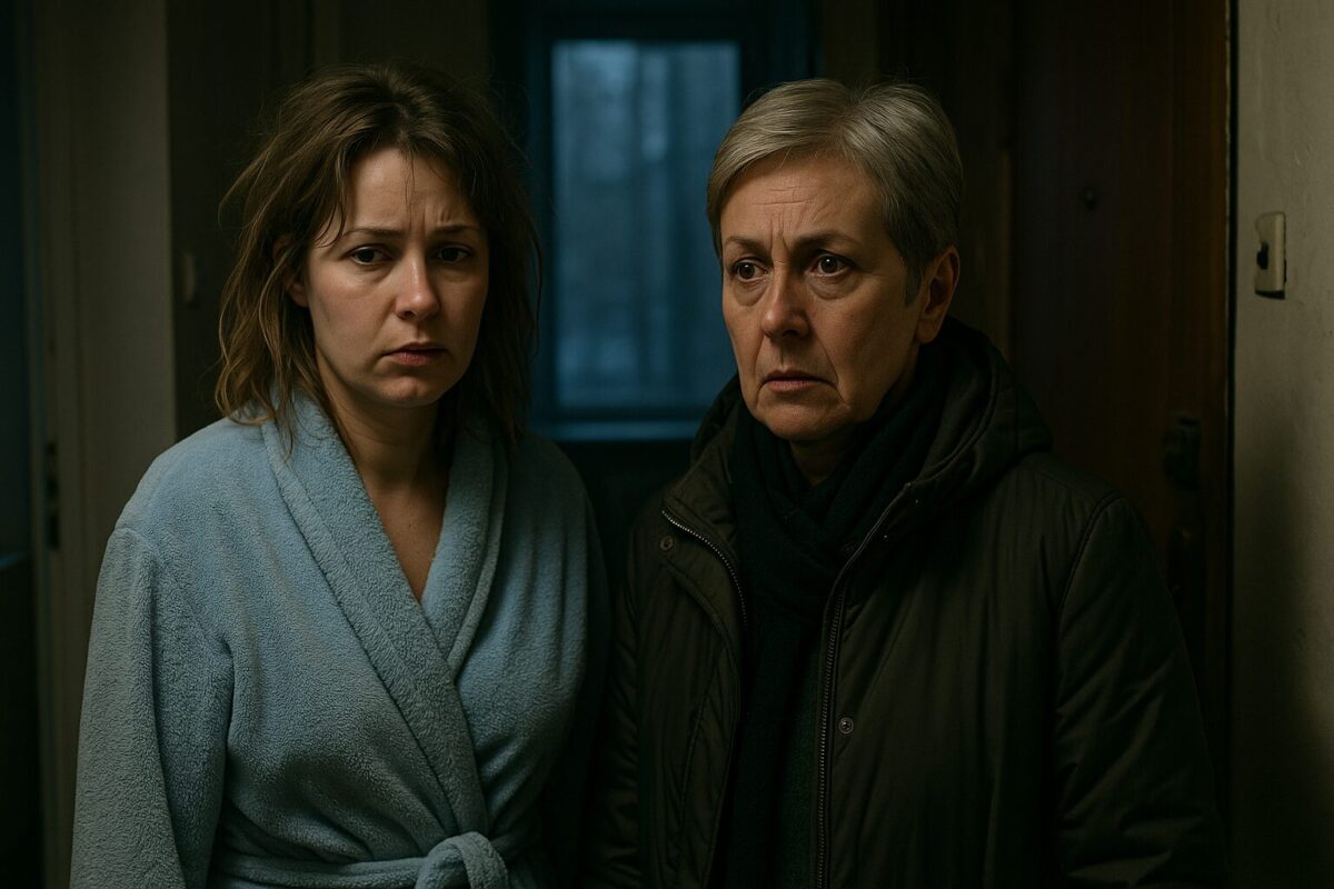 Две женщины стоят в прихожей: молодая в домашнем халате с растрёпанными волосами, пожилая в тёплой куртке с тревожным выражением лица. Утренний полумрак, напряжённая атмосфера.