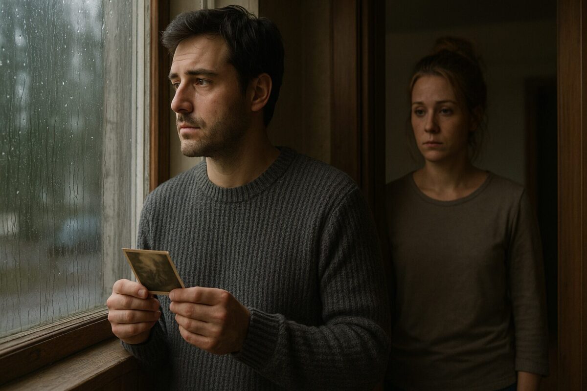 Мужчина в сером свитере стоит у залитого дождем окна, держа в руках фотографию и задумчиво глядя на улицу, в то время как мрачная женщина в повседневном топе стоит в дверном проеме позади него.