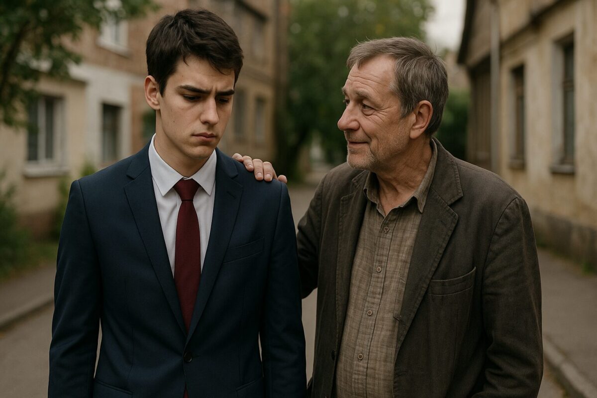 Молодой человек в костюме выпускника с угрюмым лицом стоит рядом с пожилым мужчиной в потёртом пиджаке, который с тёплой улыбкой кладёт руку ему на плечо. Атмосфера неловкости и несоответствия на фоне тихой улицы.
