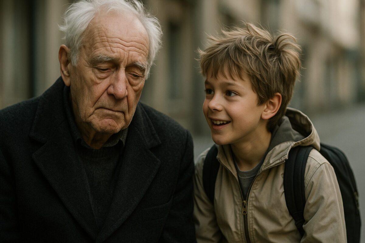 Пожилой мужчина с печальным выражением лица в тёмном пальто сидит рядом с жизнерадостным мальчиком в светлой куртке с рюкзаком; мальчик смотрит на него с интересом и лёгкой улыбкой, создавая яркий контраст поколений и настроений.