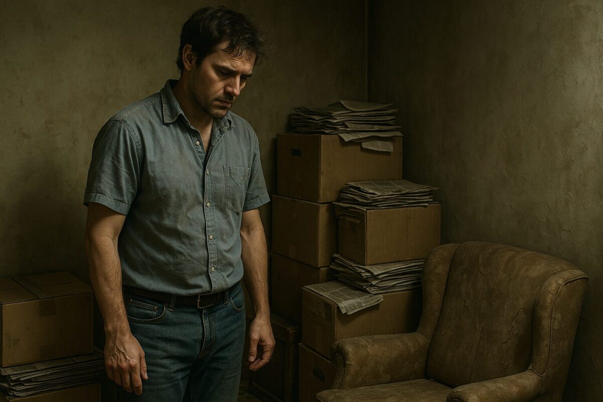 Мужчина 35–40 лет в поношенной рубашке и джинсах стоит в пыльной комнате с коробками, старыми газетами и облезлым креслом, глядя в угол с усталым и нерешительным выражением лица. Атмосфера — тяжёлая, ностальгическая.