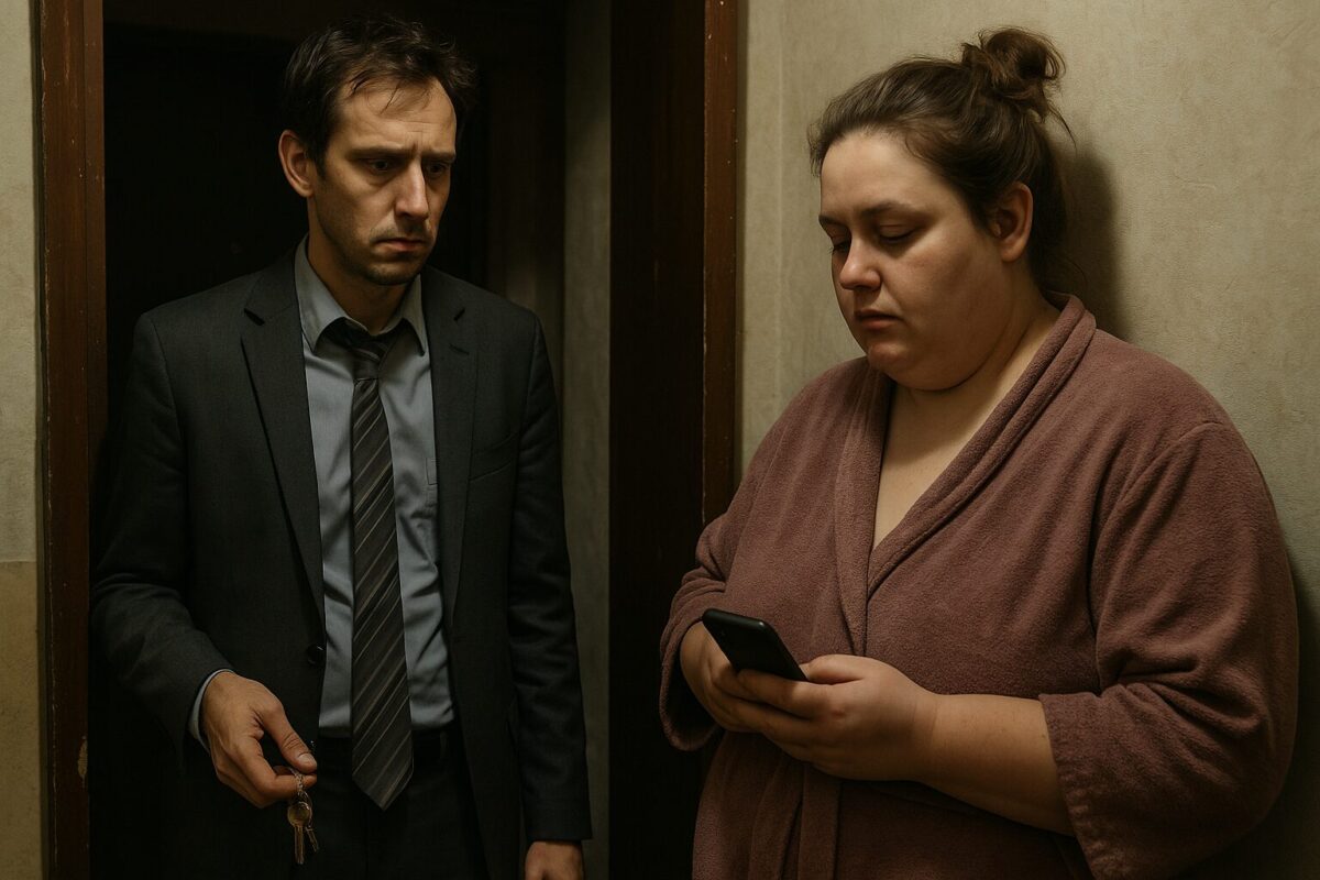 Мужчина в деловом костюме с ключами в руке стоит у дверного проёма, выглядит уставшим и напряжённым. Женщина в застиранном халате с потухшим взглядом смотрит в телефон, не проявляя интереса. Атмосфера — тяжёлая и безысходная.