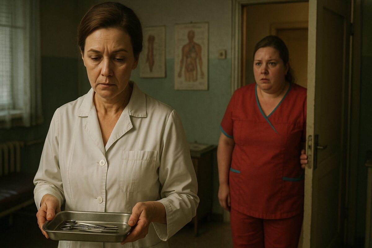 В тускло освещённом, старом медицинском кабинете врач в белом халате держит металлический лоток с инструментами, сосредоточенно глядя вниз. В дверях стоит полная женщина в яркой форме регистратора, тревожно наблюдая за происходящим. На стенах — выцветшие анатомические плакаты, обстановка — типичная для советской эпохи.