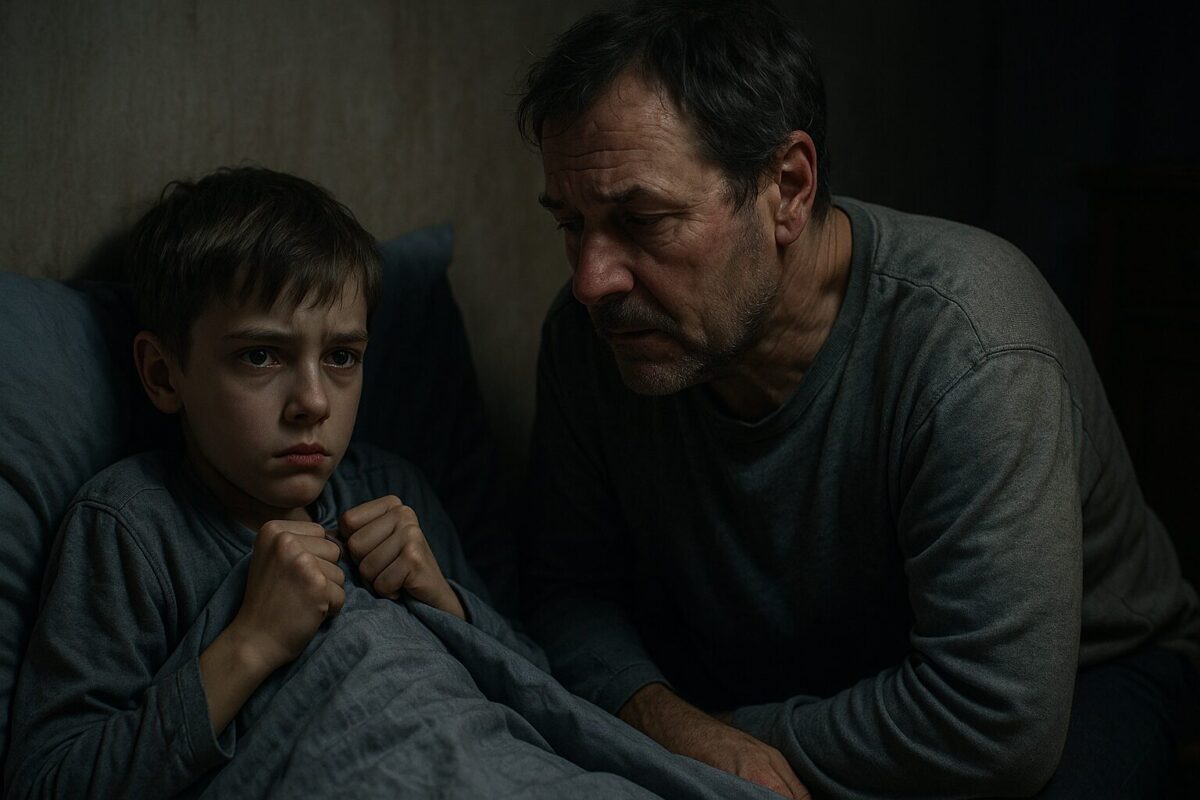 Мальчик 11 лет лежит под одеялом, сжав губы и кулаки, в тревожной тёмной комнате; рядом с ним сидит мужчина 50 лет, сутулый, с уставшим лицом и бутылочным румянцем на щеках, атмосфера напряжённая и мрачная.