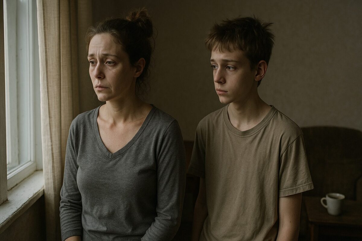 Уставшая женщина в домашней одежде и её 14-летний сын с тревожным взглядом стоят у окна в тускло освещённой комнате.