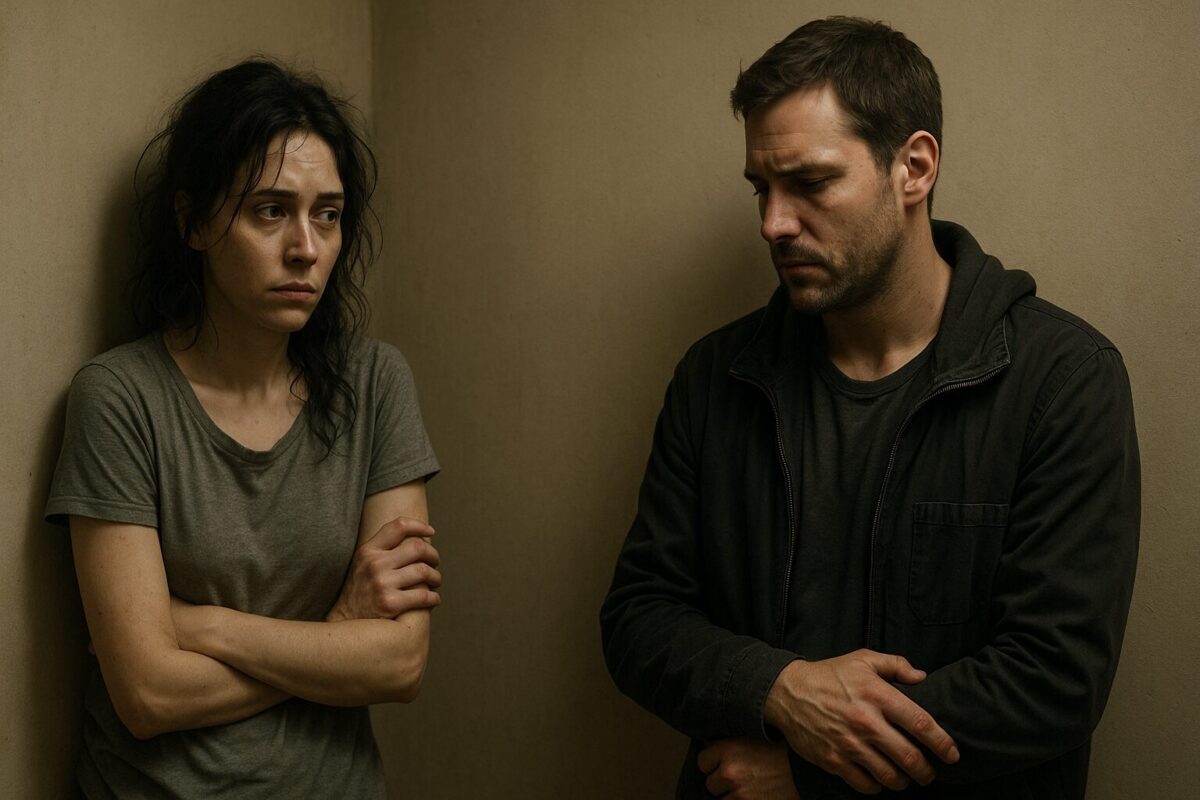 Угловая сцена: хрупкая женщина с растрёпанными тёмными волосами и сонным тревожным взглядом стоит, обхватив себя руками; напротив — высокий мужчина с щетиной, одетый в тёмную одежду, избегает её взгляда. Атмосфера — напряжённая, с оттенком обиды и недоверия.