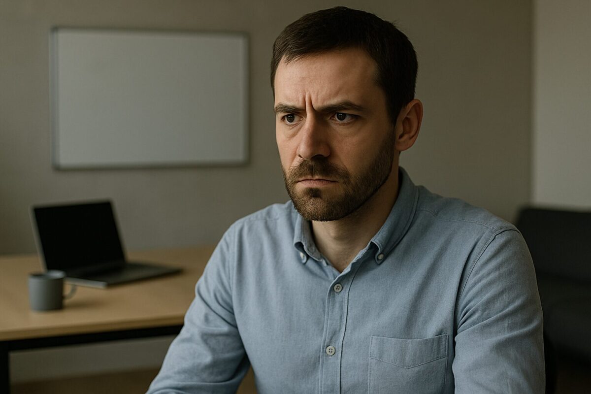 Мужчина около 35 лет в голубой рубашке сидит в современном, но скромном офисе с напряжённым выражением лица. На заднем плане — ноутбук, кружка и белая доска. Атмосфера тревожная, чувствуется напряжение и ожидание конфликта.