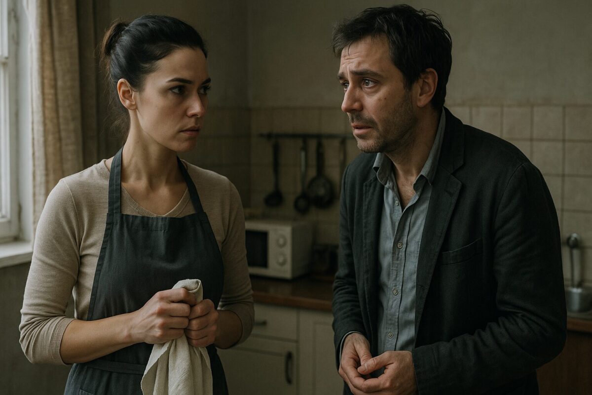 Женщина в бежевой рубашке и темном фартуке держит полотенце, напряженно глядя на растрепанного мужчину в мятой рубашке и пиджаке в полутемной кухне, оба демонстрируют признаки эмоционального напряжения.