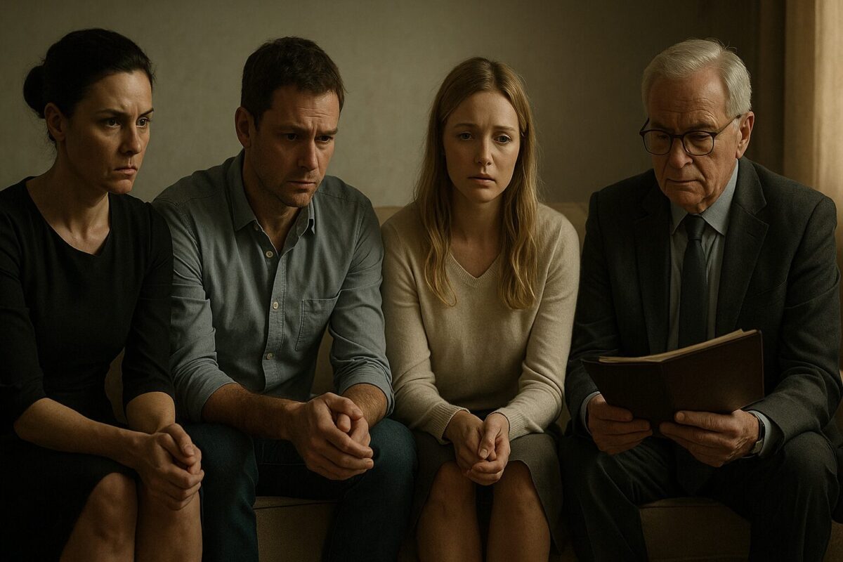 На фотографии изображены четыре человека белой расы, тесно сидящие на диване в тускло освещенной комнате. Слева направо: сурового вида женщина в черном платье со сложенными руками, взволнованный мужчина в синей рубашке, наклонившийся вперед, ранимая блондинка в бежевом свитере и юбке и пожилой мужчина в костюме с папкой в руках. Все они кажутся напряженными и эмоционально отягощенными.