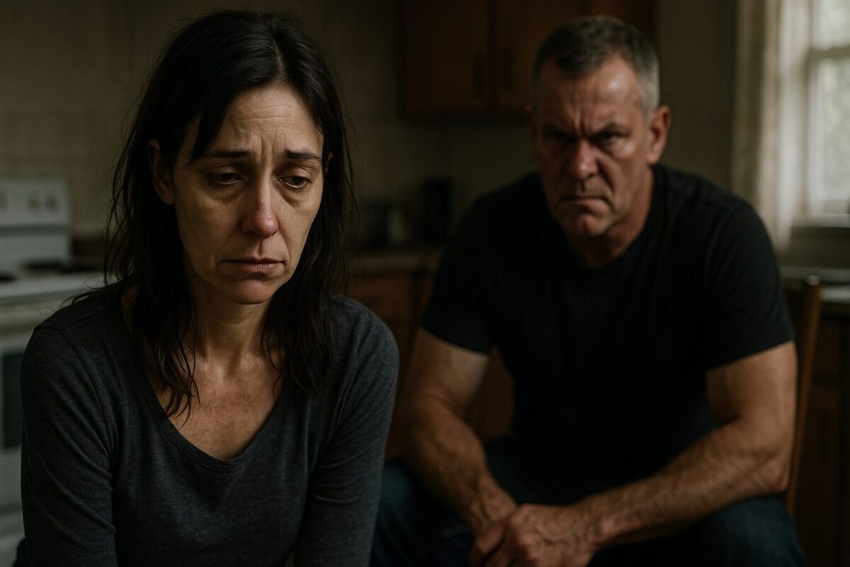 Женщина с печальным взглядом сидит на переднем плане, уставшая, с опущенными плечами; за ней — мужчина средних лет с хмурым лицом и напряжённой позой, выражающей агрессию и контроль. Атмосфера — подавленная и тревожная, обстановка — обычная кухня.