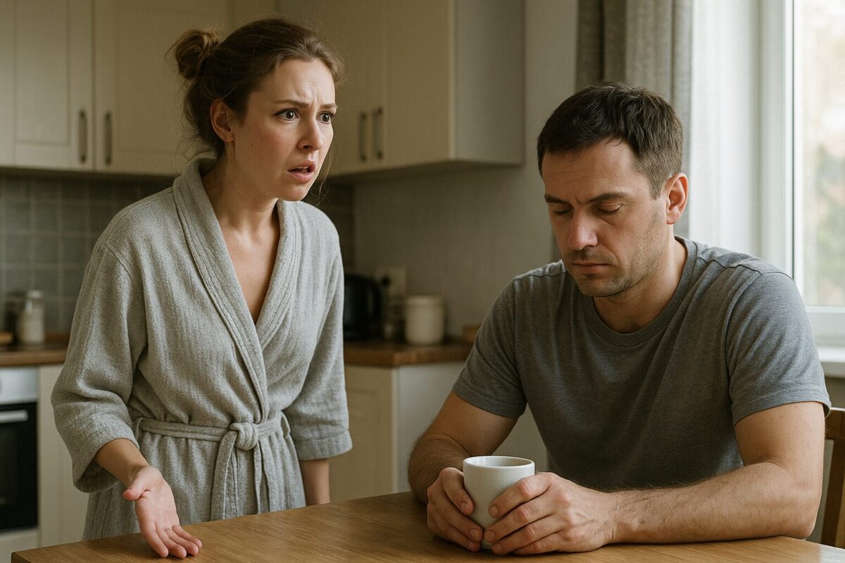 Марина в сером халате с удивлённым и обиженным выражением лица стоит у кухонного стола, глядя на Костю, который сутулится, сидя за столом в серой футболке, с напряжённым лицом и взглядом, опущенным в чашку. Атмосфера утреннего напряжения и недосказанности.