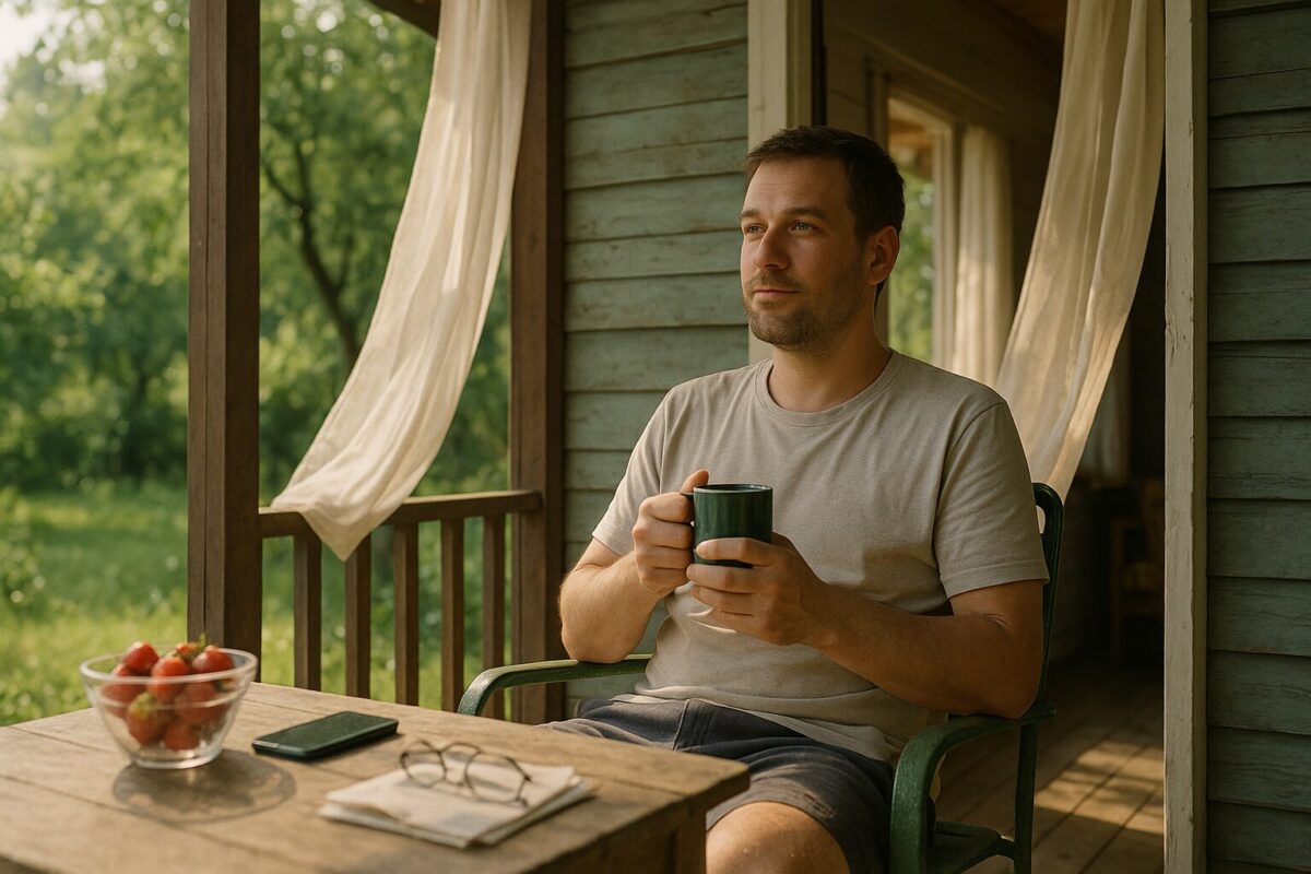 Мужчина около 40 лет сидит на веранде деревянного дачного дома с кружкой чая в руках. Он в футболке и шортах, слегка небрит, с умиротворённым выражением лица.