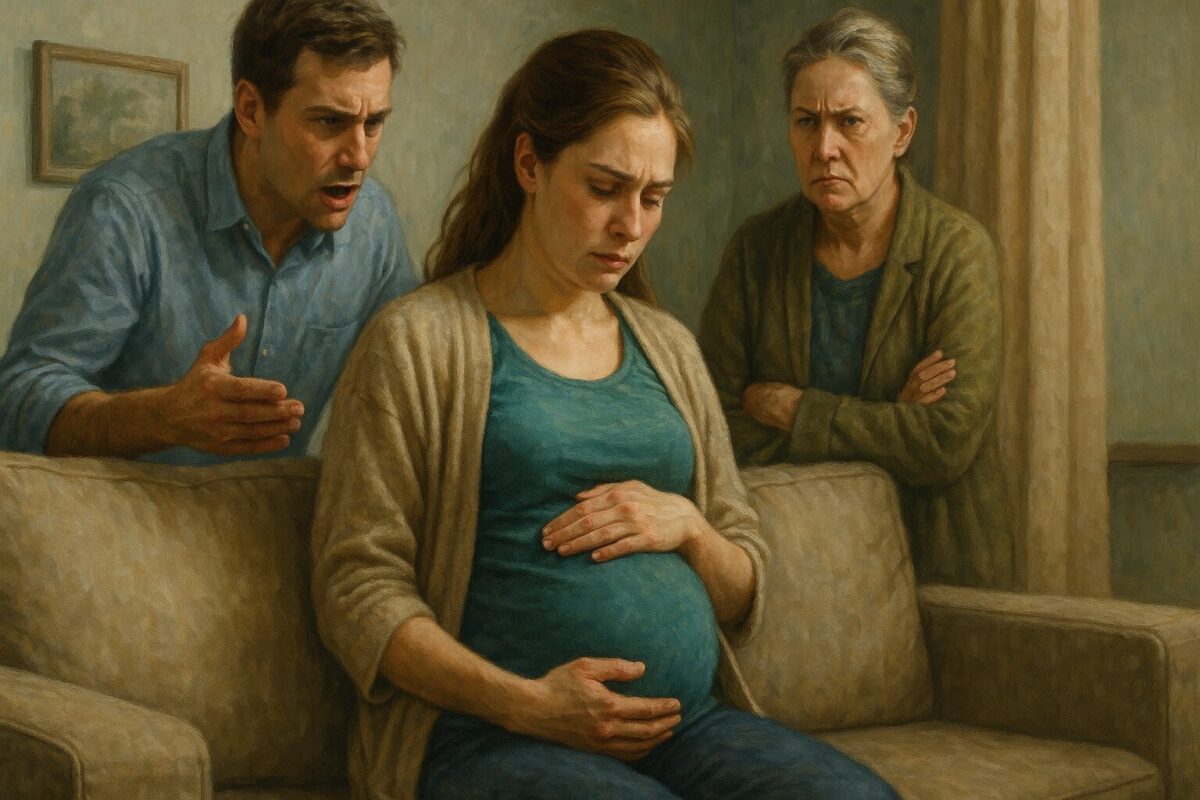 Беременная женщина с грустным взглядом держится за живот у окна, на фоне — конфликт мужчины и пожилой женщины.