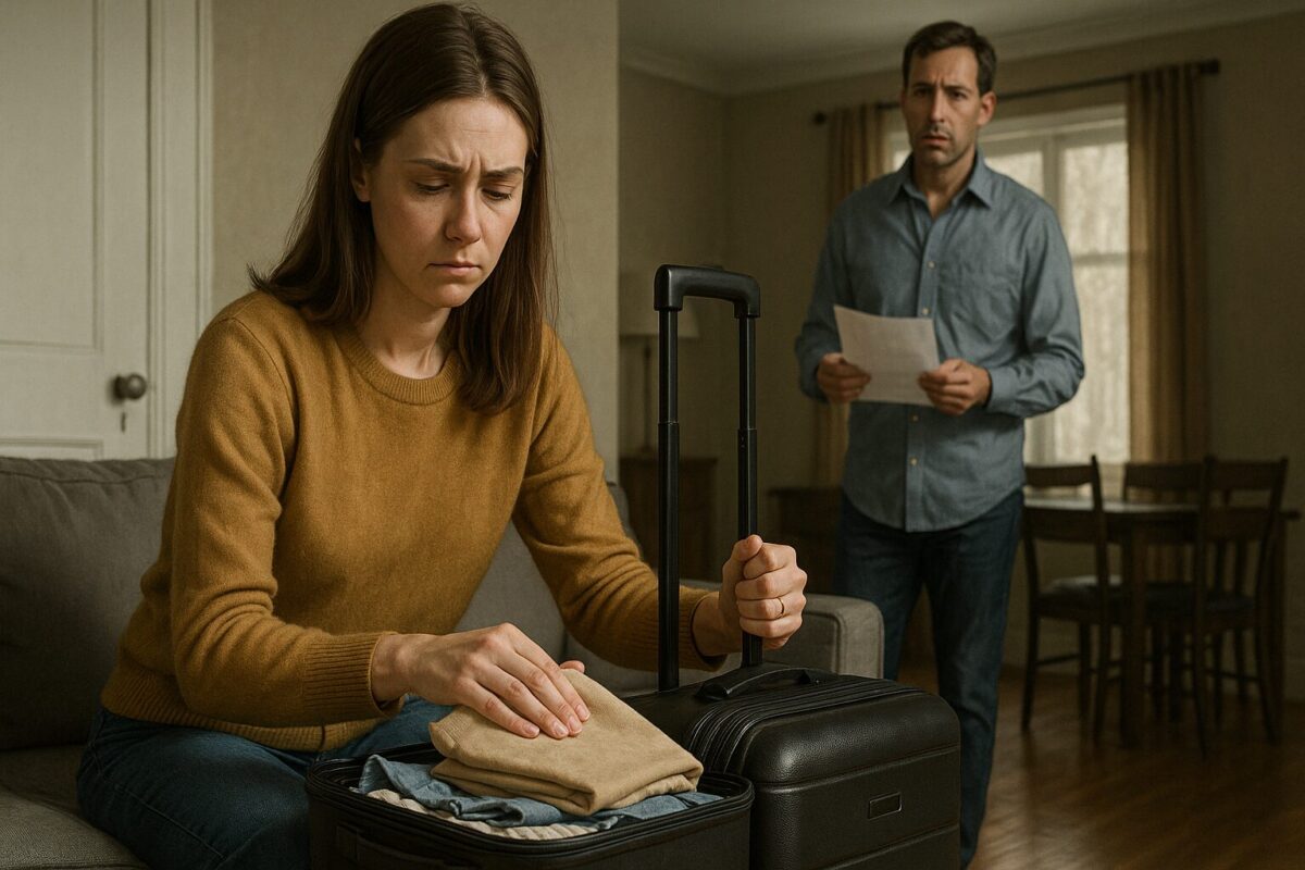 Молодая женщина с грустным лицом собирает чемодан в комнате, на фоне — мужчина с запиской в руках, сцена пронизана напряжением и грустью.