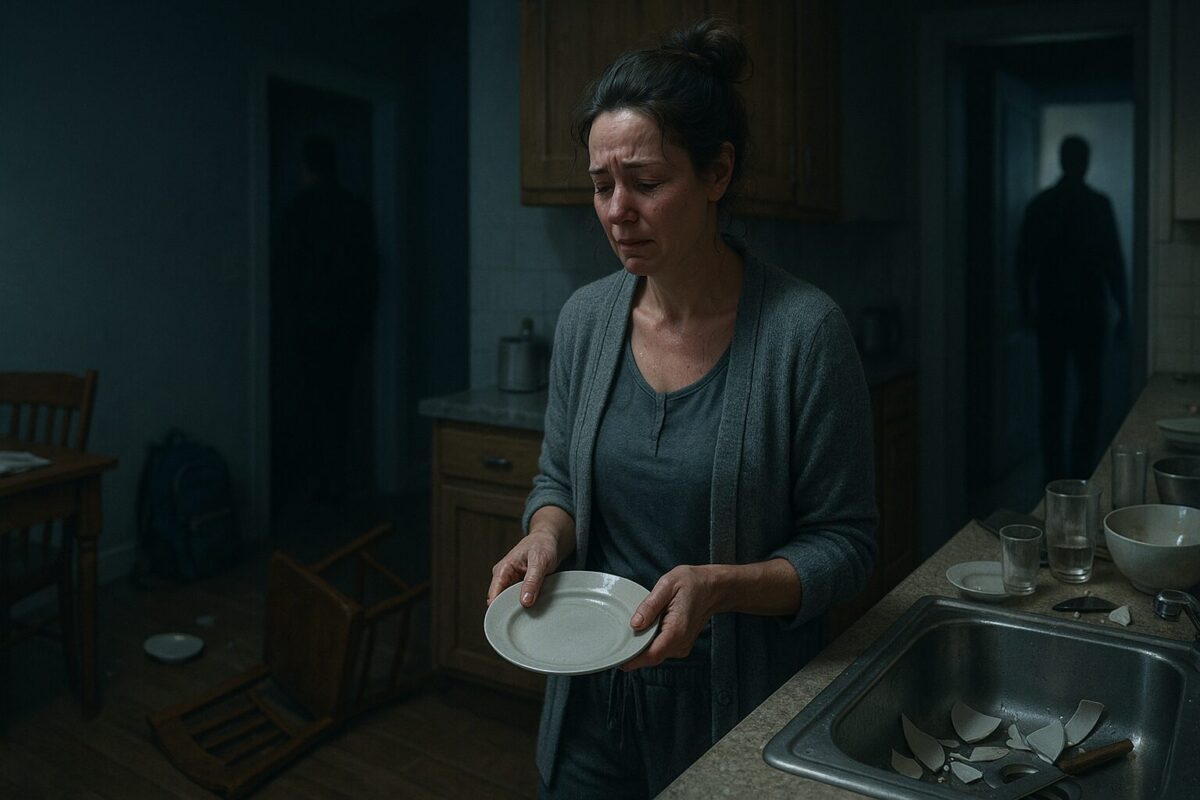 На тускло освещённой кухне стоит женщина в серой домашней одежде, с глазами, полными слёз, сжимая тарелку. На полу — перевёрнутый стул, в раковине — осколки. В дверном проёме виднеется силуэт уходящего мужчины.