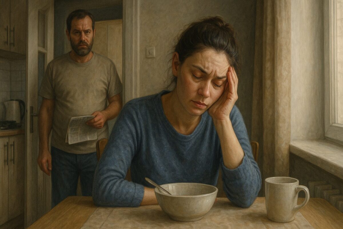 Уставшая женщина сидит за кухонным столом, опершись на руку, перед ней — пустая миска и кружка; на заднем плане мужчина с газетой наблюдает за ней с раздражением.
